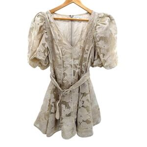 Savannah Taylor Floral Organza Puff Sleeve Belted Mini Dress Cream M Fairy Girly